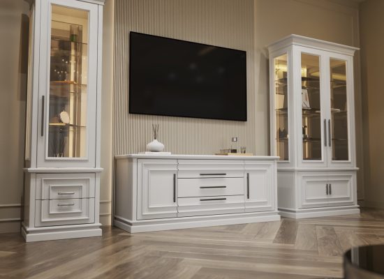 Комплект Монро: вітрина однодверна + вітрина дводверна + комод ТВ, 3 шухляди (покриття кольором)